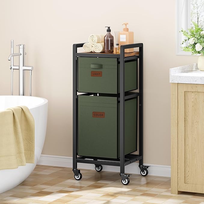 FAVOOSTY Laundry Hamper with Shelf, 70L Laundry Basket Organizer, Laundry Hamper with Shelf, 2 Section Laundry Sorter for Laundry Room Organization (Green)