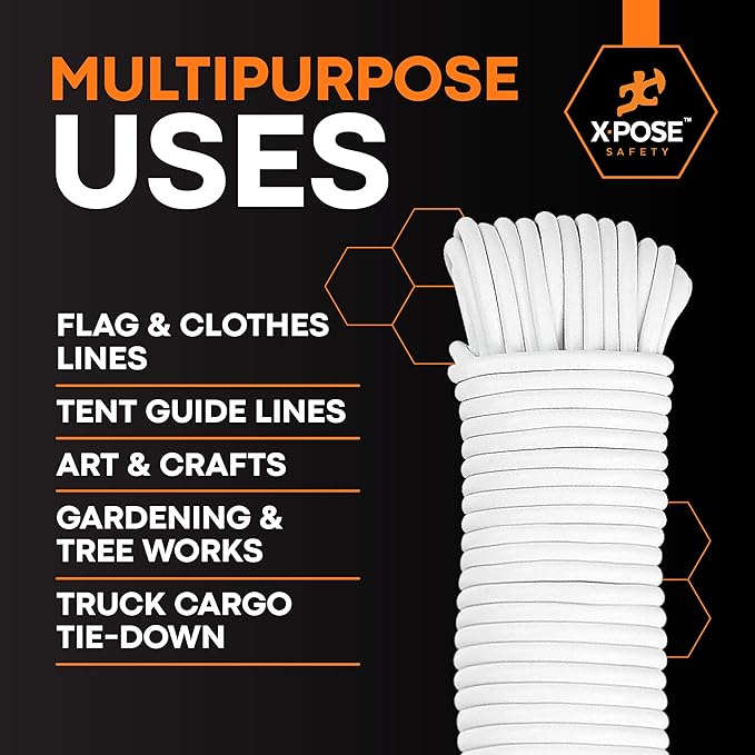 Plastic Clothesline - 100' Plastic Clothes Line - White Outdoor Weather Resistant - Synthetic Cord for Hanging and Drying Clothing & Laundry - Plastic Rope Clothes Line String for Pulley 2 Pack
