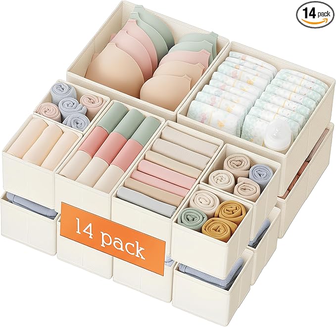 Criusia Drawer Organizer Clothes, 14 Pack Dresser Organizer for Baby Clothes, Underwear, Sock- Foldable Closet Organization and Storage Dividers Bins for Nursery, Bedroom and Dorm (Beige)