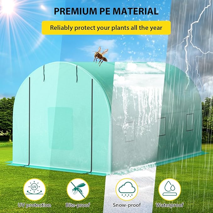 13x8x7 ft Walk-in Tunnel Greenhouse with Galvanized Steel Frame & 6 Mesh Windows, Weather-Resistant Outdoor Plant Hot House for Vegetables, Green PE Cover & Roll-Up Zipper Door