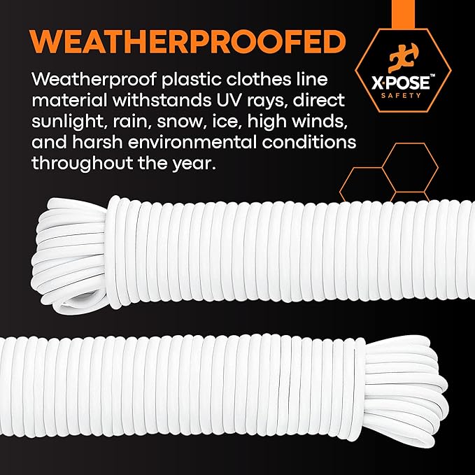 Plastic Clothesline - 50' Plastic Clothes Line - White Outdoor Weather Resistant - Synthetic Cord for Hanging and Drying Clothing & Laundry - Plastic Rope Clothes Line String for Pulley 6 Pack