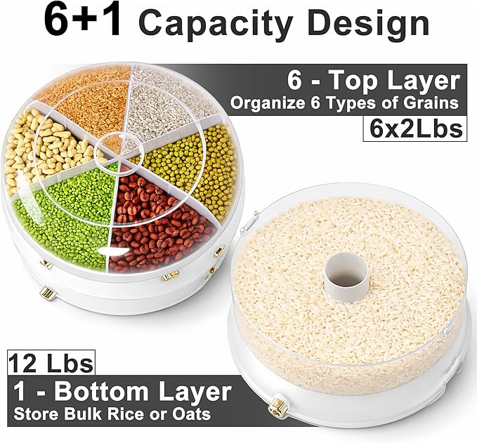 2 Layer Grain Dispenser with Press Button, 6 Compartment Rotating Dry Food Storage with Large Capacity Rice Container, Multi Grain Organizer for Beans, Cereal, Pantry Kitchen Storage