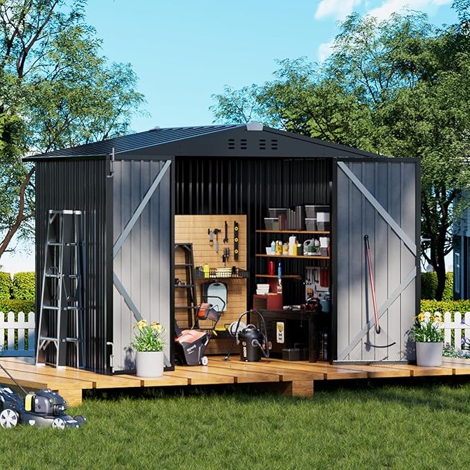 COMHOMA Shed Outdoor Storage Shed Metal,Lockable Doors Tool Sheds with Sloping Roof,Steel Garden Shed with Air Vent for Backyard,Patio,Lawn,Poolside(Grey,8'x6')