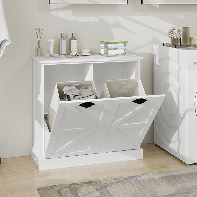 Tilt Out Laundry Sorter Cabinet with 2 Removable Liner Bags,Divided Laundry Hamper Cabinet with Semi-Circular Metal Handle and Barn Door for Space Saving (Style-01)
