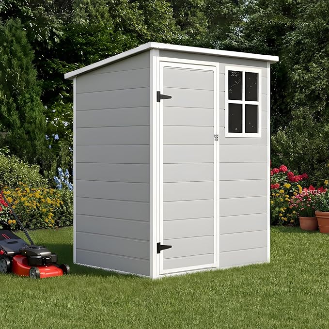 LARBANKE 5×3FT Outdoor Storage Shed with Floor&Window,Waterproof Garden Resin Tool Shed with Lockable Door&Slop Roof&Air Vent,Plastic Storage Shed Suitable for Patio,Backyard,Garden,Gray
