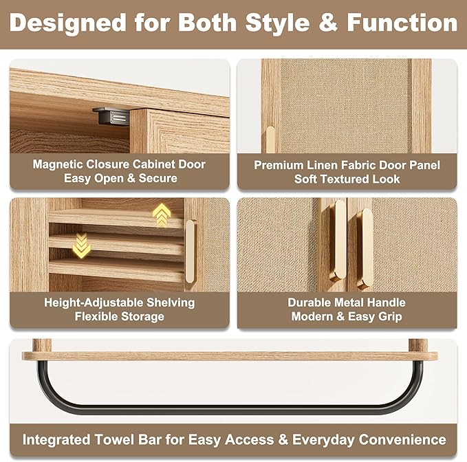Rattan Bathroom Wall Cabinet with Towel Bar, Wall-Mounted Medicine Cabinet with Adjustable Wood Shelf & Doors, Over The Toilet Storage Cabinet for Laundry Room & Kitchen & Living Room