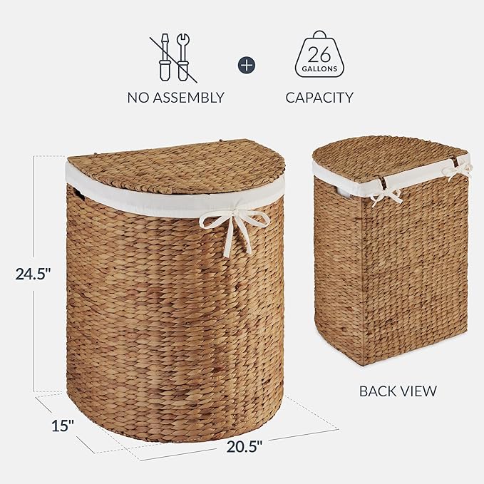 Best Choice Products Half Moon Laundry Hamper w/Lid, Woven Half Round Laundry Basket, w/Removable Liner & Bult-in Handles for Bathroom, Bedroom & Laundry Room - Chestnut