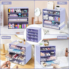 Desk Storage Organizer with 9 Drawers, 4 Tiers Stackable Desktop Craft Storage Drawers, Clear Storage Box Caddy for Stationary Makeup Jewelry Office Craft Supplies (Purple)