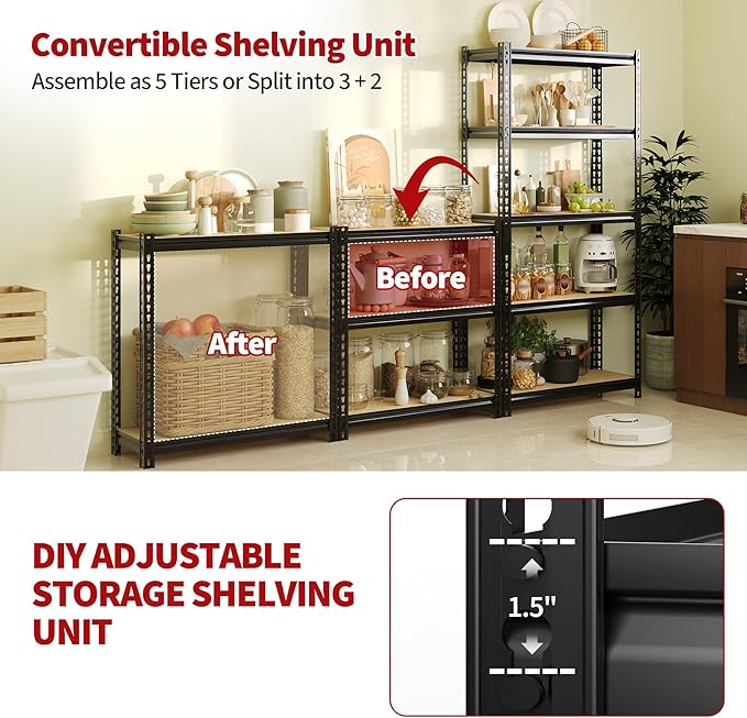 Heavy Duty Garage Storage Shelves 2 Pack, 2000 Lbs Capacity, 5-Tier Adjustable Storage Shelving Unit, 30"L x 12" W x 60"H Metal Shelving Racks for Kitchen Pantry Basement Bathroom Laundry