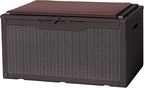 Flamaker Deck Box with Cushion 98 Gallon Waterproof Resin Storage Box with Air Rod Indoor Outdoor Lockable Storage Bench for Patio Furniture, Tools, Pool Accessories (Deep Brown)