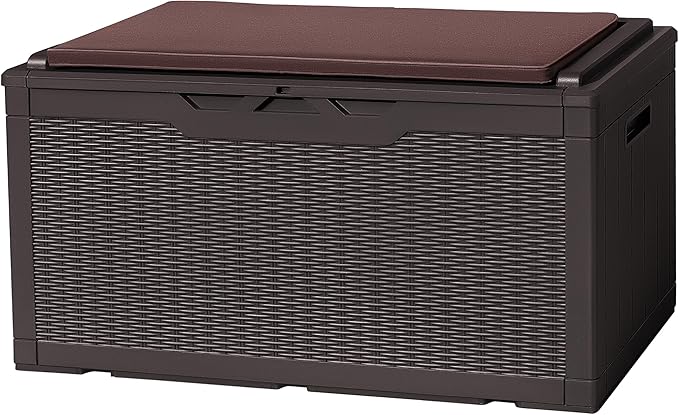 Flamaker Deck Box with Cushion 98 Gallon Waterproof Resin Storage Box with Air Rod Indoor Outdoor Lockable Storage Bench for Patio Furniture, Tools, Pool Accessories (Deep Brown)