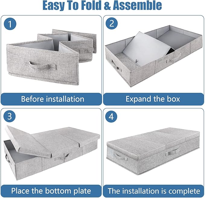 Underbed Storage Containers Bin with Lids, Large Under Bed Storage Organizer Box with Handle, Foldable Under the Storage Bags for Organizing Clothes, Shoes, Blankets, Pillows