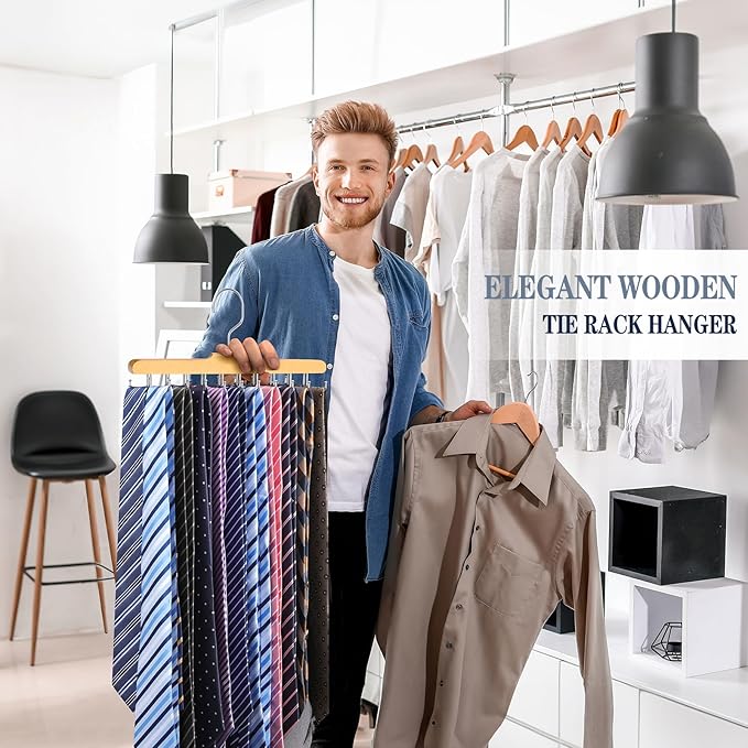 Tie Rack Hanger for Closet Fitnice Upgraded Non Slip Tie Holder Organizer Space Saving with 20 Foldable Hooks Wooden Belt Hanger for Tank Tops Bras Cami Scarves