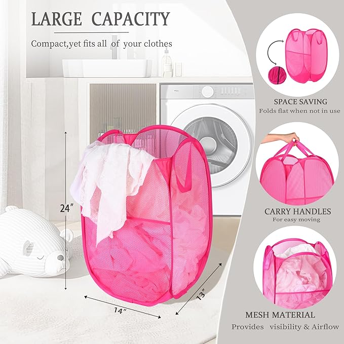 2 Pack Laundry Basket,Foldable Mesh Pop-up Laundry Hamper with Durable Handle,Easy to Open and Fold for Dorm, Laundry Room, Bedroom, RV… (Rose Red+Rose Red)