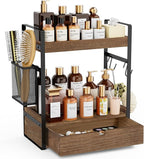2-Tier Bathroom Counter Organizer with Drawer Basket and Hooks, Wood Bathroom Organizers and Storage for countertop, Farmhouse Dark Brown Countertop Organizer, Counter Shelf for Vanity Kitchen Office