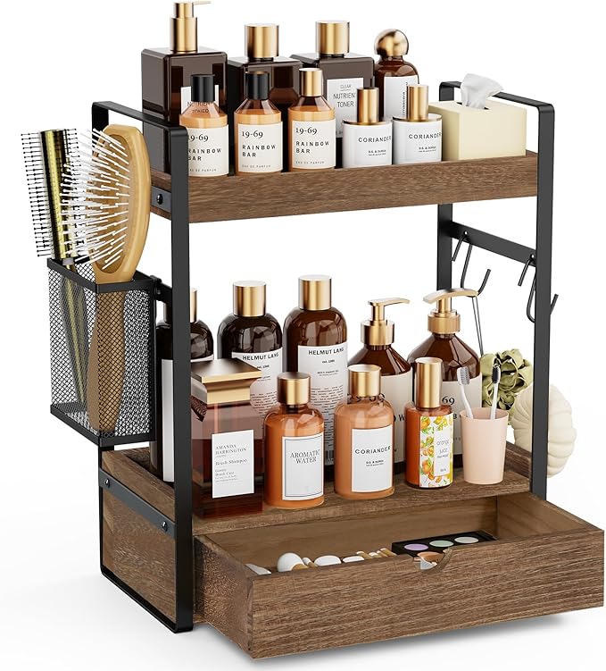 2-Tier Bathroom Counter Organizer with Drawer Basket and Hooks, Wood Bathroom Organizers and Storage for countertop, Farmhouse Dark Brown Countertop Organizer, Counter Shelf for Vanity Kitchen Office
