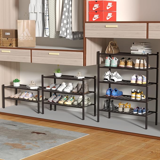 4 Tier Bamboo Shoe Rack for Closet Free Standing Wood Shoe Shelf for Entryway Small Space Stackable 27"x11"x26" (Brown)
