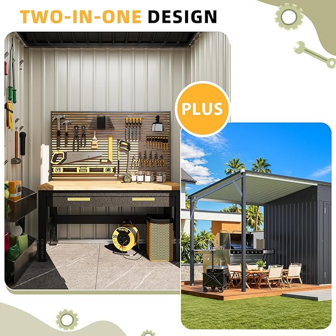AECOJOY 14x6 Outdoor Open-Sided Metal Storage Shed, 8' x 6' Sheds & Outdoor Storage with 48 Sq. Ft Covered, 6x8 Small 2-in-1 Tool Shed with Attached Hardtop Metal Pergola Gazebo for Patio