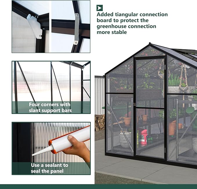 Large Walk-in Clear Polycarbonate Greenhouse with Rain Gutters & Adjustable Roof Vent - Sturdy Aluminum Frame Outdoor Plant House for Vegetable, Flower & Garden Growth-Outbuilding (6x10 ft)