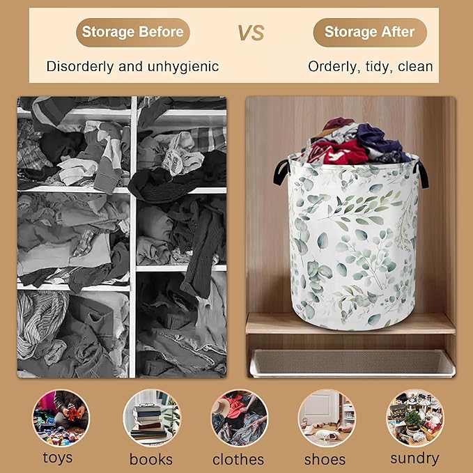 Green Eucalyptus Collapsible Laundry Baskets,Leaves Branches Laundry Hamper,Storage Basket with Handles for Bathroom Bedroom College Dormitory Living Room Nursery Organizer 16"x20"