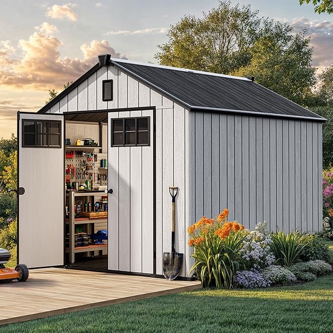 YITAHOME Large Outdoor Storage Shed 8x10 Ft, Extra Thick Plastic Storage Sheds with Floor, Lockable Doors, Vision Grid Windows, Vents, 16mm Heavy Duty Garden Storage for Bikes Mowers and Tools, Gray