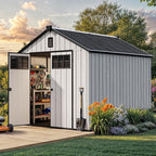 YITAHOME Large Outdoor Storage Shed 8x10 Ft, Extra Thick Plastic Storage Sheds with Floor, Lockable Doors, Vision Grid Windows, Vents, 16mm Heavy Duty Garden Storage for Bikes Mowers and Tools, Gray