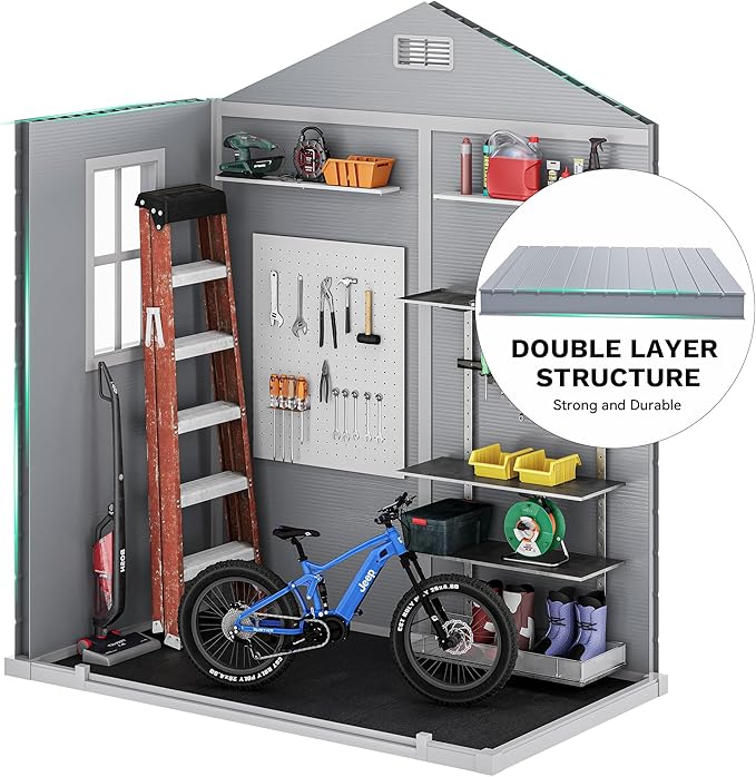 DWVO 6x4 FT Resin Storage Shed with Reinforced Floor, Outdoor Storage Shed with Lockable Door, Window and Vents, Waterproof Plastic Tool Storage for Garden, Backyard, Patio, Lawn