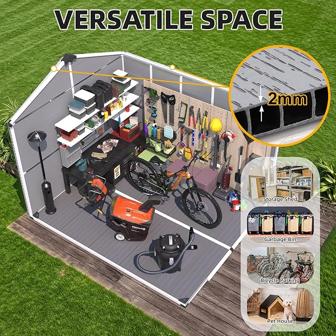MELLCOM 8 x 10 FT Resin Outdoor Storage Shed with Windows, Outdoor Storage Tool Shed with Floor and Lockable Door, Resin Garden Shed for Garbage Can, Bike, Lawnmower