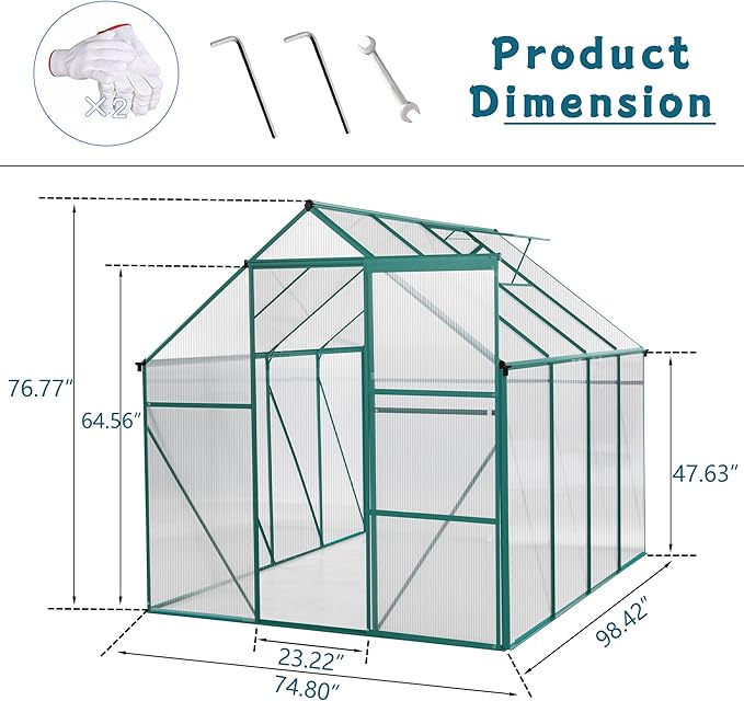 6X8FT Greenhouse for Outdoor, Polycarbonate Greenhouse with Raised Base and Anchor, Heavy-Duty Walk-in Green House with Adjustable Roof Vent and Gutter System for Patio,Backyard (Green, 6X8 FT)