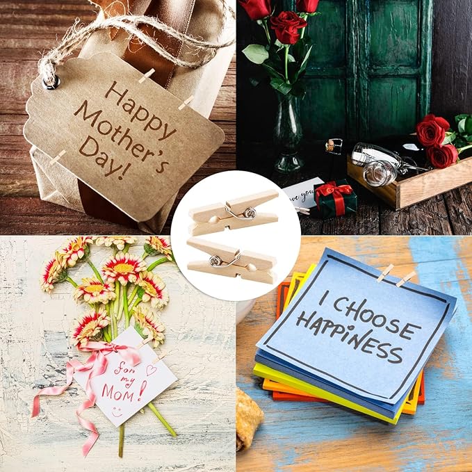 400 Pcs 1 Inch Mini Clothespins for Photos, Natural Wooden Small Clothes Pins with 66 FT Jute Twine, Tiny Decorative Clips for Crafts, Baby Shower, Weddings, Cocktails & Home Decor