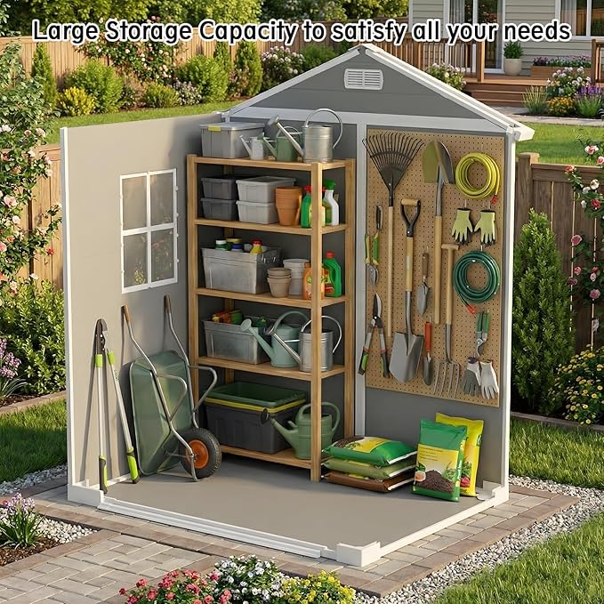 LARBANKE 6×4FT Waterproof Outdoor Storage Shed with Floor and Slop Roof,Garden Storage Tool Shed with Lockable Door&Window,Resin Shed with Ramp&Vent Suitable for Patio,Backyard,Garden,Lawn,Gray
