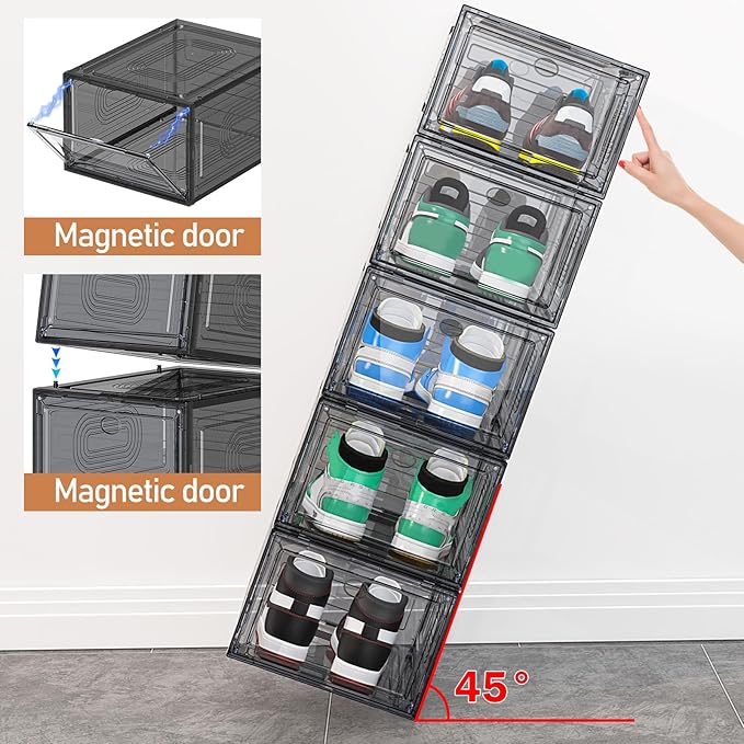 10 Pack Thicken Shoe Organizer Stackable,Upgraded Sturdy Shoe Storage Box with Magnetic Door,Shoe Containers For Sneaker Display,Hat Organizer,Black…