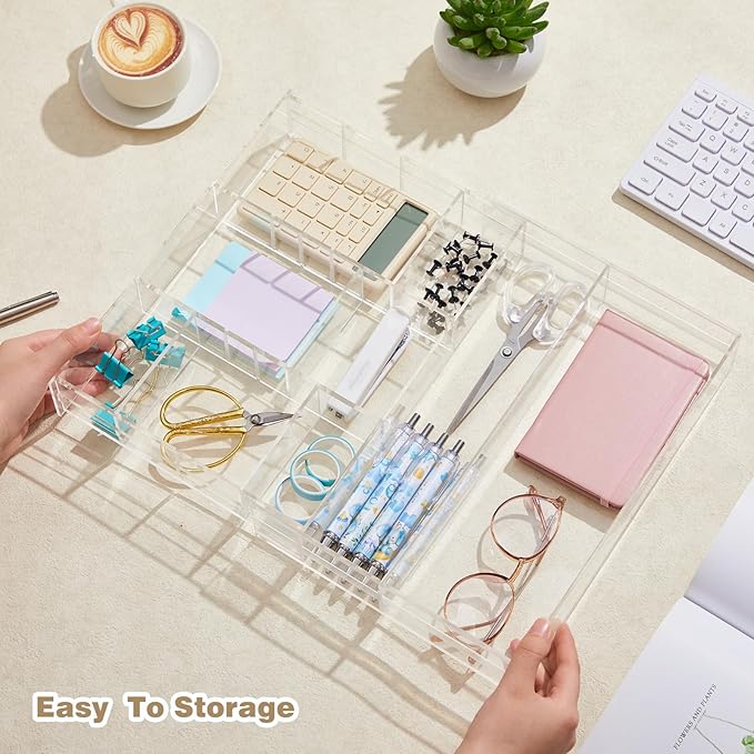 2 Pcs Acrylic Desk Drawer Organizer Maximum 11.8 x 17 x 1.9 Inch Expandable Drawer Organizer Trays with 7 Adjustable Compartments Desk Accessories for Makeup Silverware Office Bathroom