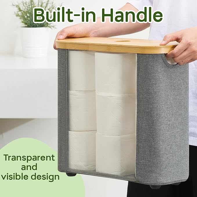 ELONG HOME Sleek Toilet Paper Storage, 30L Grey Fabric Toilet Paper Storage with Bamboo Lid, Durable Lining Storage Basket for TP, Towels, or Bathroom Essentials
