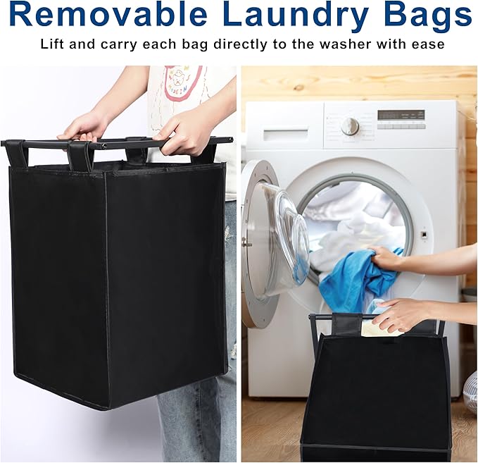 Whitmor Laundry Sorter, 138L Laundry Hamper with Shelf & 3 Removable Bags, 3 x 12.1 Gallons (46L), 36.4 x 13 x 28.4 Inches, Dirty Clothes Hamper Organizer for Laundry Room, Bathroom, Dorm, Black