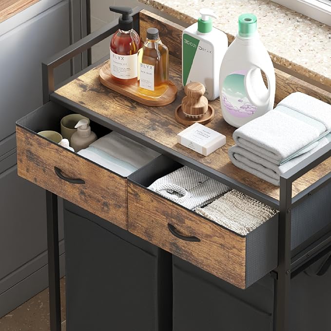 Laundry Sorter with 2 Drawers, 100L with Pull-Out Removable Laundry Bags, Laundry Hamper Baskets with 2 Section and Wheels, Rustic Brown and Black