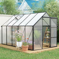 Polycarbonate Greenhouse with Rain Gutter and Roof Vent, Raised Base and Anchor Aluminum Heavy Duty Walk-in Green House, Outdoor Patio Sunroom with Sliding Door (Black, 122.44*74.8*76.77in)