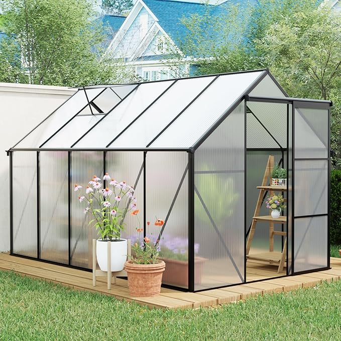 Polycarbonate Greenhouse with Rain Gutter and Roof Vent, Raised Base and Anchor Aluminum Heavy Duty Walk-in Green House, Outdoor Patio Sunroom with Sliding Door (Black, 122.44*74.8*76.77in)