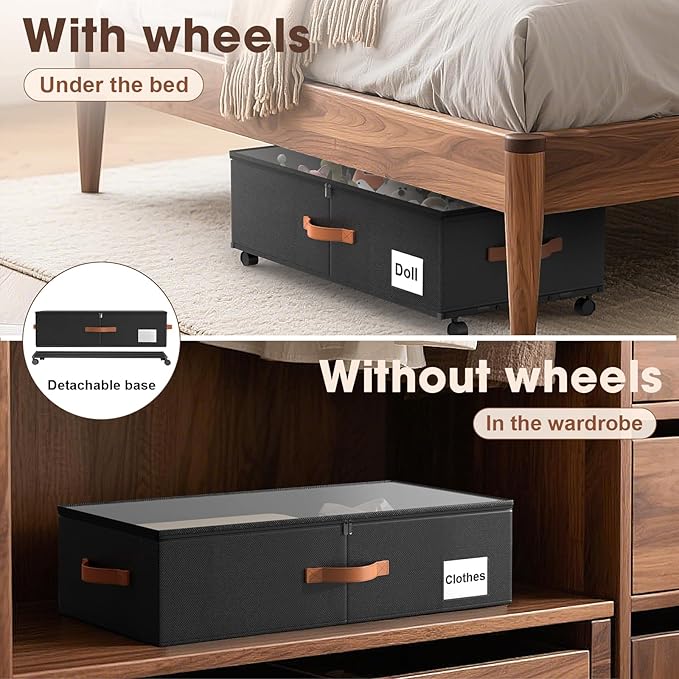 Under Bed Storage Containers with Wheels, 9.5 inches Higher Underbed Shoes Blankets Clothes Toy Storage Drawers for College Dorms Bedrooms Nursery Rooms Organization, 2 Pack to be Assembled