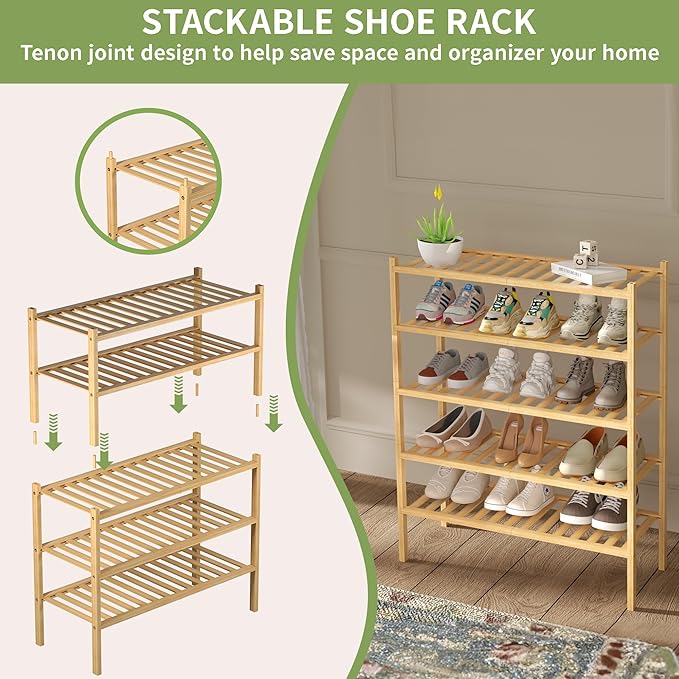 2 Tier Bamboo Shoe Rack for Closet Free Standing Wood Shoe Shelf for Entryway Small Space Stackable 27"x11"x13" (Natural)