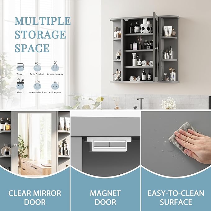 Shintenchi Bathroom Wall Cabinet with Mirror, Mounted Medicine Cabinets with 4 Internal and 6 Open Shelves, Mirrored Door Over the Toilet Storage, Gray
