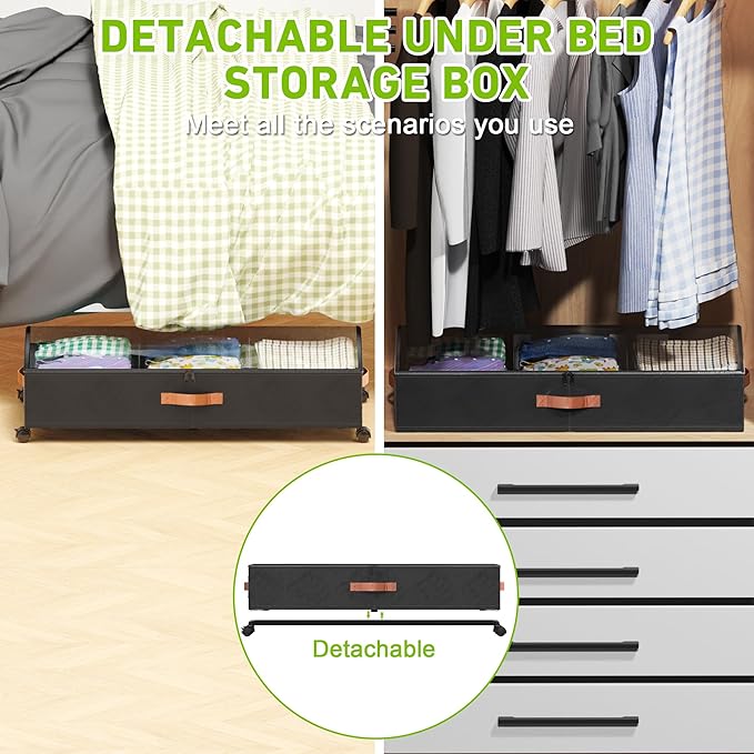 Under Bed Storage with Wheels, 2 Pack Under Bed Storage Containers with Dividers & Clear Lids, Under the bed storage Organizer Bins,Underbed Storage with Wheels for Clothes,Toys,Shoes (Black, 2 Pack)