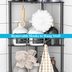 4 Tier Floor Standing Corner Shower Caddy Organizer Shelf with Hooks, Bathroom Shelves Stand Rack, Matt Black