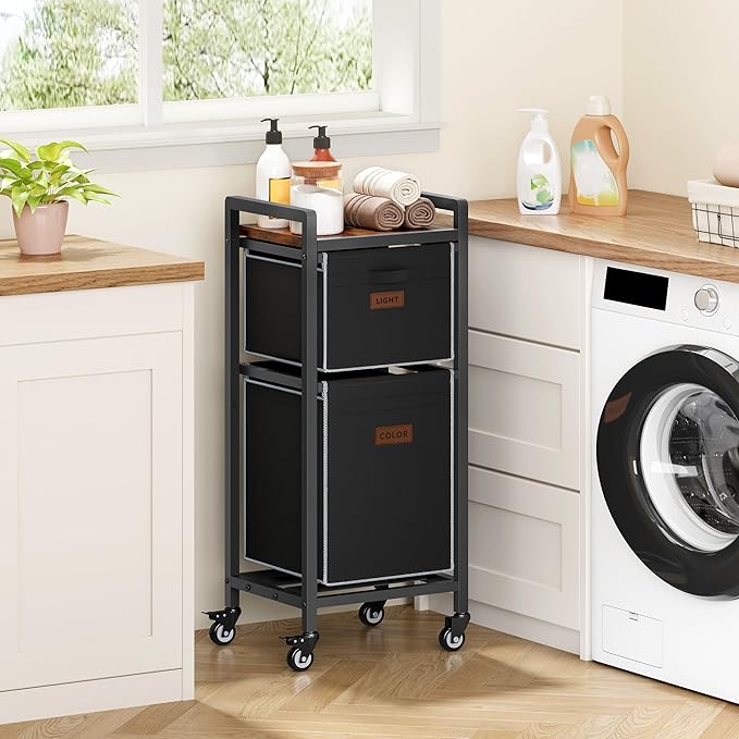 FAVOOSTY Laundry Hamper with Wheels, 70L Laundry Basket Organizer, Laundry Hamper with Shelf, 2 Section Laundry Sorter for Laundry Room Organization, Bathroom Shelf Black