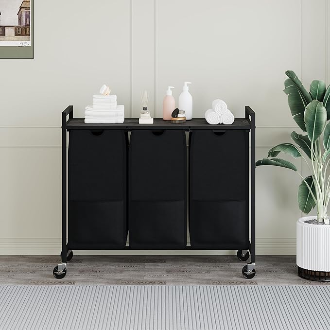 Laundry Sorter with Wheels & 100lb Top Shelf, Rolling 3 Section Removable Pull-Out Fabric Bags Hamper Basket, Sturdy Grey Black Iron Organizer for Room Organization