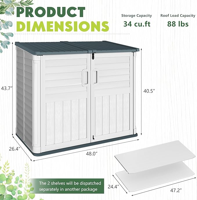 Greesum Outdoor Storage Shed 34 Cu Ft with Lockable Doors, Waterproof Outdoor Storage Cabinet for Trash Cans, Patio Cushions, Gardening Tools with Wood Grain Finish (Beige)
