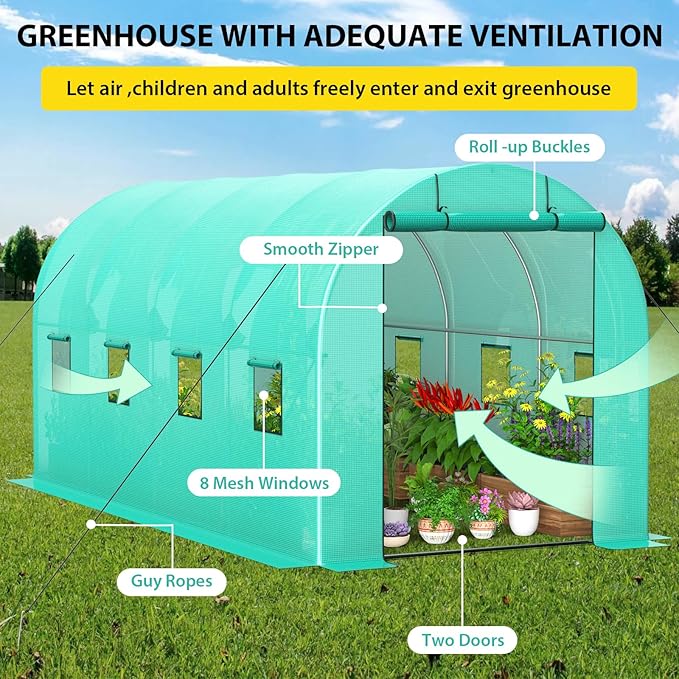 15x7x7 ft Walk-in Tunnel Greenhouse with Galvanized Steel Frame & 8 Mesh Windows, Weather-Resistant Outdoor Plant Hot House for Vegetables, Green PE Cover & 2 Roll-Up Zipper Doors