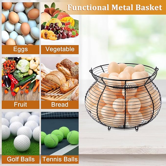 1 PCS Black Big Belly Wire Egg Baskets for Fresh Egg With Handle, Small Metal Wire Basket for Gathering Fresh Chicken and Duck Eggs, Hunting Basket Egg Holder Countertop