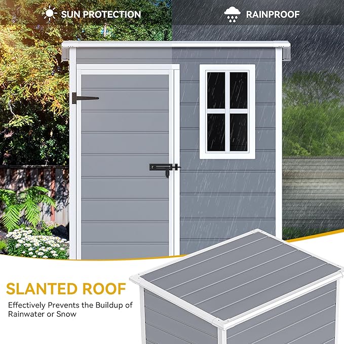 DWVO 5x3 FT Outdoor Storage Shed with Floor, All-Weather Resin Storage Shed with Window & Lockable Door, Waterproof Plastic Tool Storage for Garden Patio, Gray