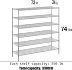 24" Deep x 72" Wide x 74" Height Wire Shelving Kit | 6-Tier | NSF Commercial Storage Rack Unit